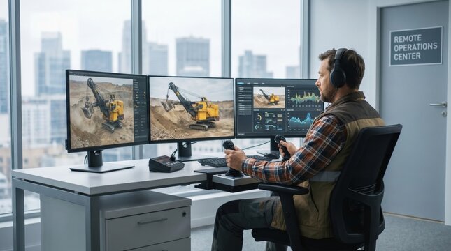 Operator sitting at a desk with multiple monitors remotely controlling a heavy yellow mining excavator