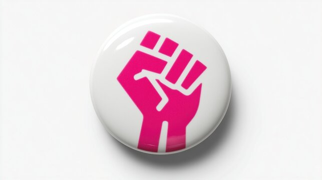 A round button badge featuring a pink clenched fist icon on a white background. Concept of solidarity, human rights, feminism, and social justice movements.