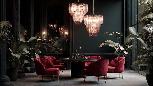 Elegant dining room with crystal chandeliers and velvet chairs 