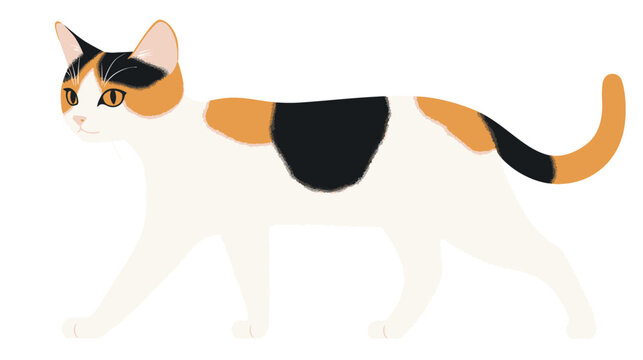A calico cat walking with detailed fur patterns and alert expression