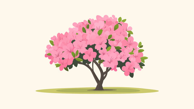 Digital illustration of a pink blooming azalea shrub in full flower with a simple green grass patch beneath