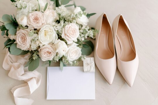 Elegant bridal flat lay with bouquet, wedding shoes, and vow card