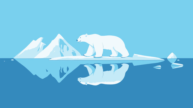 Polar bear walking on ice with mountains and water reflection