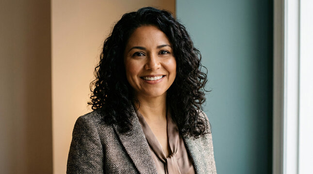 A confident and successful professional woman smiling genuinely in an office environment, exuding approachability and leadership