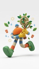 Fototapeta premium Playful character surrounded by greenery, celebrating nature with colorful elements and a whimsical vibe.