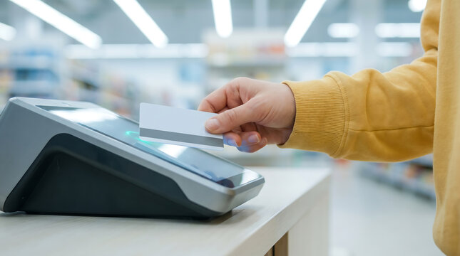 Person using contactless payment at self-service supermarket checkout with card reader and bright store interior in the background. self service supermarket