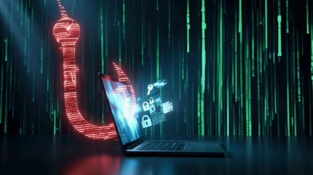 A computer virus appears as a red worm moving towards a laptop while digital data flows around in a bright environment.