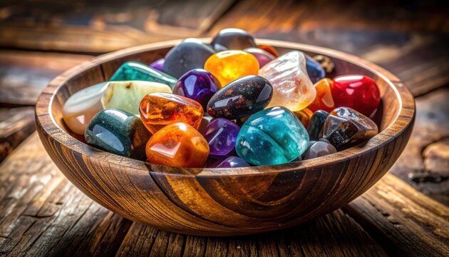 A Vibrant Collection of Polished Semi-Precious Gemstones in a Rustic Wooden Bowl