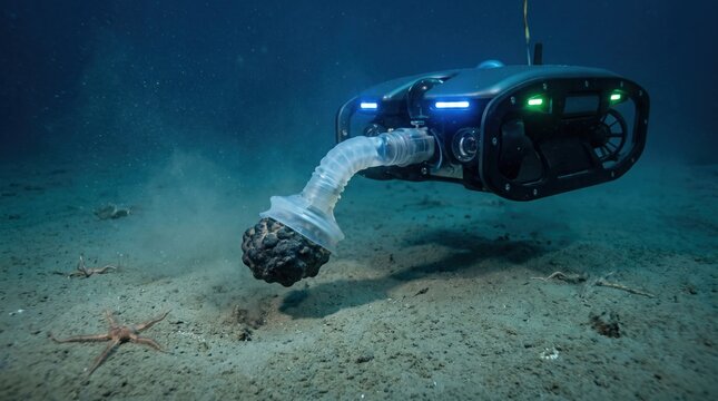 Underwater remote operated vehicle exploring the ocean floor and collecting a mineral nodule