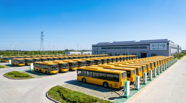 Large fleet of yellow electric buses charging at a modern depot with solar panels and wind turbines