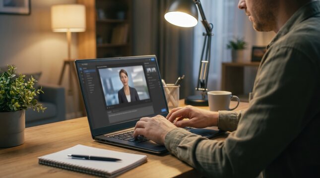 Man working on a laptop late at night using artificial intelligence video generation software