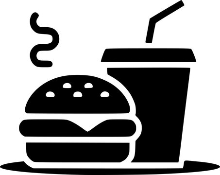 Burger and drink combo black silhouette icon featuring hot hamburger with steam and cold beverage cup with straw, perfect for fast food restaurant menu and food delivery graphic design