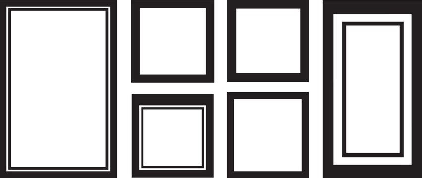 A dynamic arrangement of six distinct black and white frames, including single and double lined borders, in various rectangular and square formats.