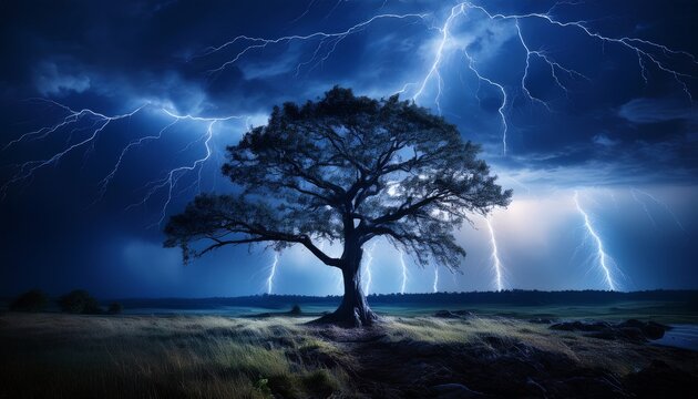 single tree standing in total isolation as lightning hits it midnight thunderstorm dark blue tones dramatic shadows cinematic landscape photography style