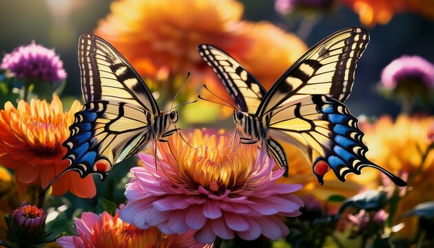 two swallowtail butterflies rest on vibrant flowers showcasing their intricate patterns and the beauty of the natural world