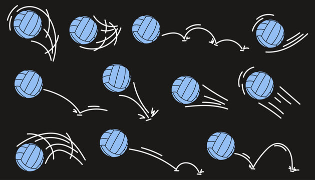 Volleyball ball motion path icons set. Cartoon sport balls bouncing and spinning on dark background.