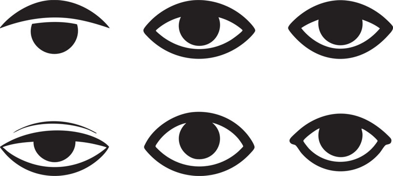 Six stylized black eye icons, each featuring a unique pupil and iris design, are displayed in two rows on a clean white background for conceptual use.