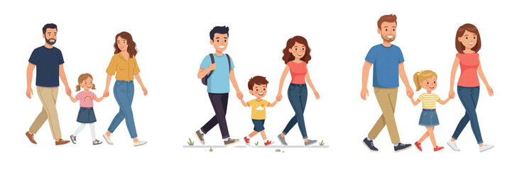 Obraz premium Set and collection of family walking together cartoon illustration isolated on white background