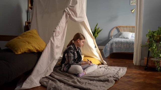 White girl inside teepee lamp glow, snuggled on blanket reading by warm lantern light, cushions and pillow on floor, soft evening ambience, playful imagination .