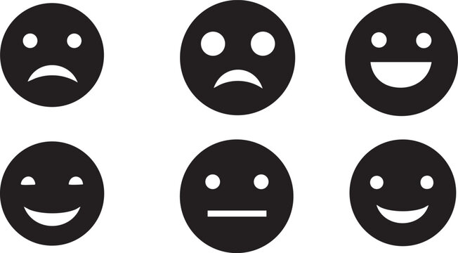 A diverse set of six black silhouette icons depicting various smiling and neutral facial expressions, conveying positive and apathetic sentiments on a white background.