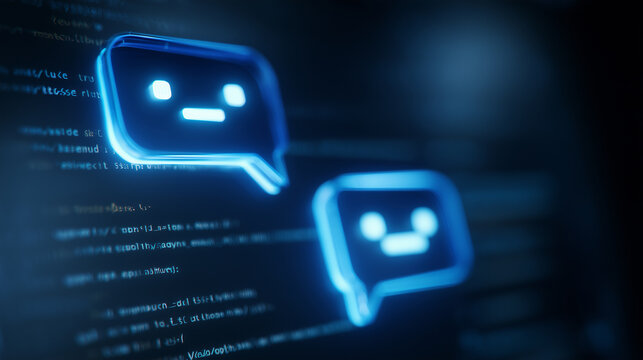 Illuminated blue chat bubble icons, each with minimalist dot eyes and a line mouth, are visible against a blurry, dark blue digital background.