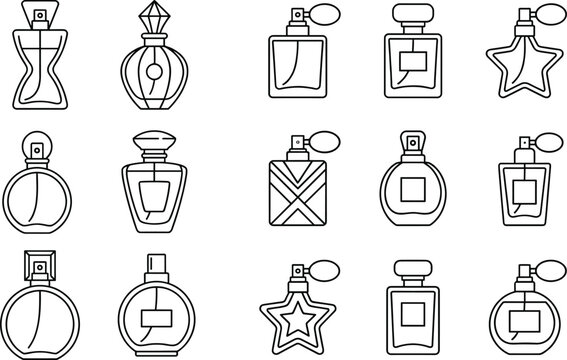 Set of black outline perfume bottle icons featuring various glass shapes atomizers and luxury fragrance packaging for beauty design