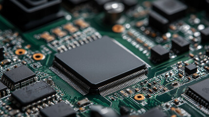 Fototapeta premium Section of a green printed circuit board populated with various electronic components.