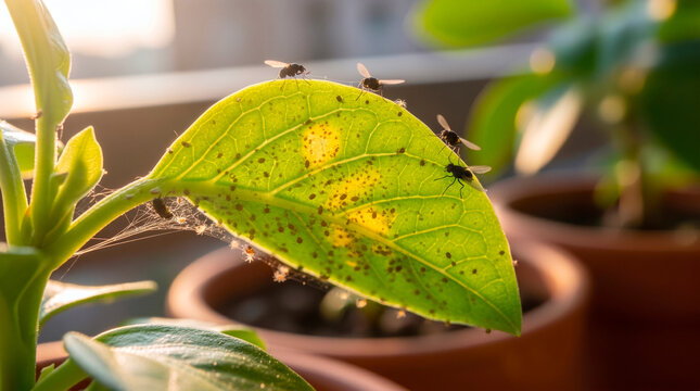 Tiny flies and spider mites infest a green leaf with webbing and spots