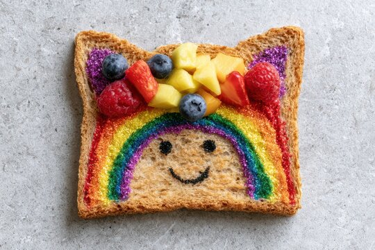 Whimsical rainbow toast with a smiley face and fresh fruit, a delightful breakfast treat for kids.
