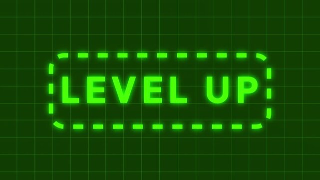 Level Up Green Neon Text Animation on Futuristic Digital Gaming Interface Background, Cyber Progress Motion Design