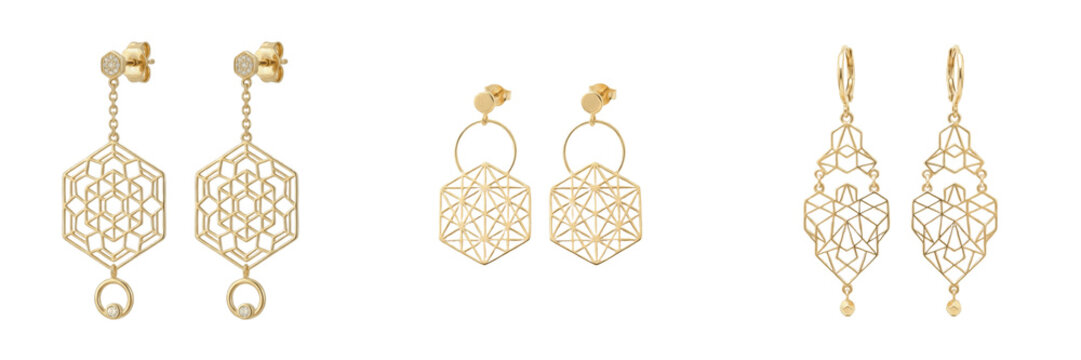 Set and collection of ornate gold filigree earrings pair isolated on white background