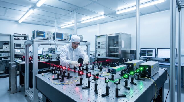 Scientist in a cleanroom suit adjusting components and lasers on a complex optical table