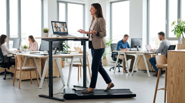 Businesswoman leading a video conference on her laptop while walking on an under desk treadmill