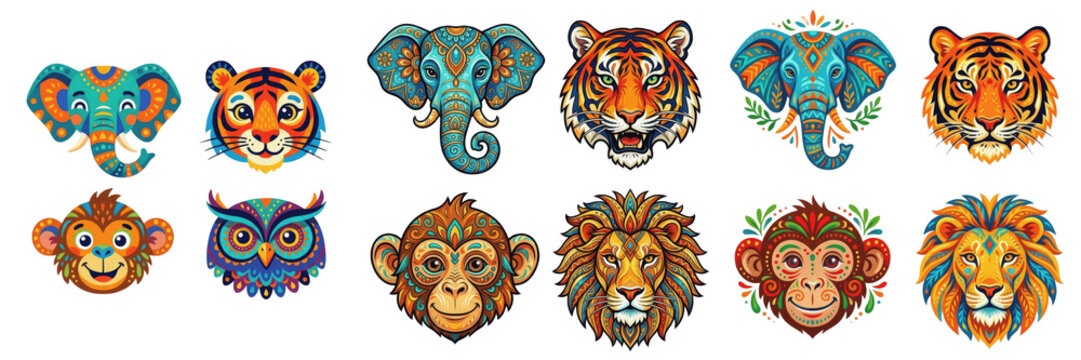 Set and collection of colorful hand drawn elephant heads isolated on white background