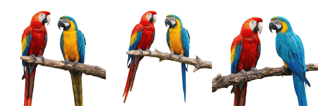 Set and collection of two colorful tropical parrots on branch isolated on white background