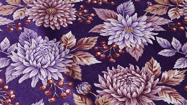 Seamless Floral Pattern with Purple Chrysanthemums and Berries.