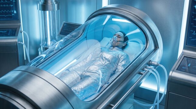 Woman in a silver suit sleeping inside a futuristic glowing blue hyperbaric or cryotherapy sleep chamber