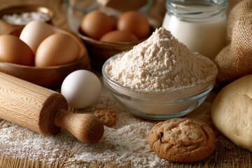 Fototapeta premium Baking ingredients including eggs, flour, milk, dough, and a rolling pin on a rustic wooden surface.
