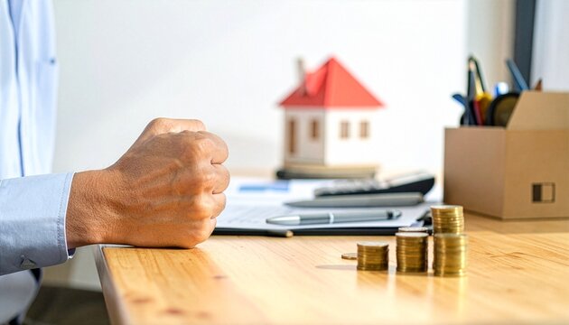 A clenched fist signifies frustration or anger in a close-up shot focusing on a person's hand, with a miniature house, stacked coins, and a calculator in the blurred background.