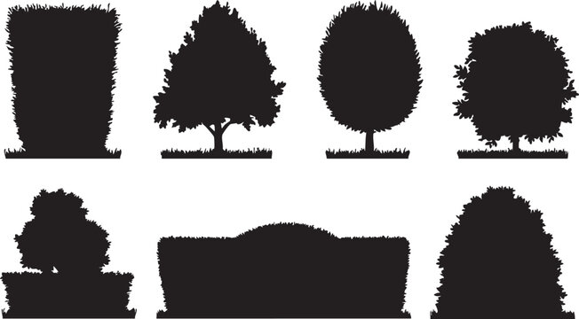 A collection of seven black silhouette illustrations depicting various trees and hedges in different sculpted and natural shapes, presented on a white background.