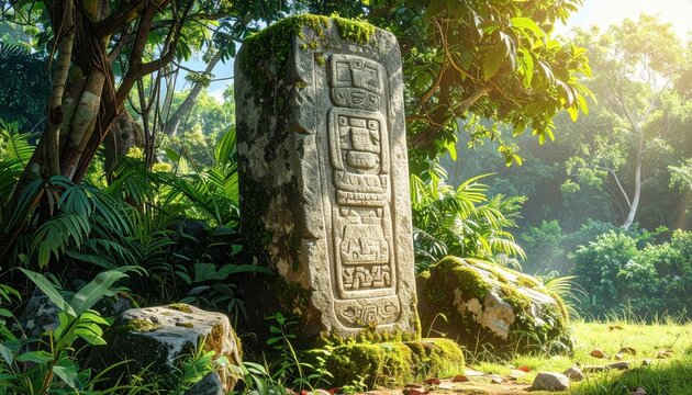 Ancient Mayan stone stele with faded glyphs overgrown with moss and lichen in a lush jungle setting