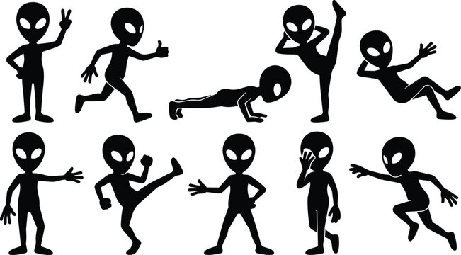 Silhouette alien characters in ten playful poses including pushup high kick and thumbs up