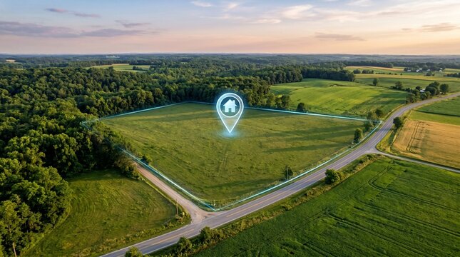 Premium Land Investment Opportunity with GPS Location Marker and Aerial Rural Real Estate Landscape