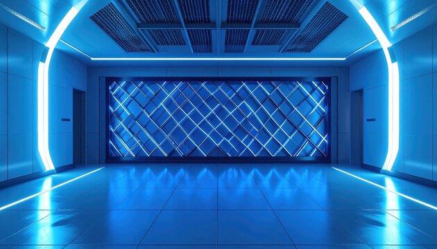 Luminous Blue Geometric Lattice Structure with Neon Illumination in Futuristic Hallway