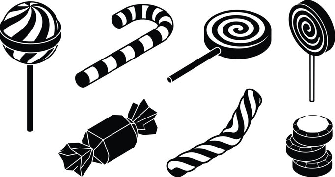 Flat black and white candy icons lollipop candy cane wrapped sweet spiral sticks