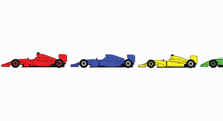 Fototapeta premium Four colorful Formula 1 racing cars in a row, representing competition and speed on a white background.