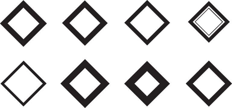 A diverse assortment of eight black outlined diamond shapes, featuring variations in double borders and outlines, on white.