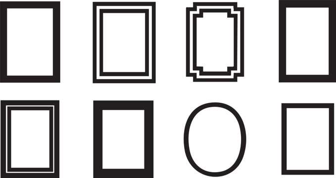 A collection of eight diverse black outlined frames, including simple rectangles, squares, and an oval, arranged on a white canvas.