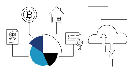Fototapeta premium Blockchain concept. Blockchain ties cryptocurrency, real estate, and smart contracts in data-driven systems. Blockchain ensures digital security, asset management, and decentralized integration