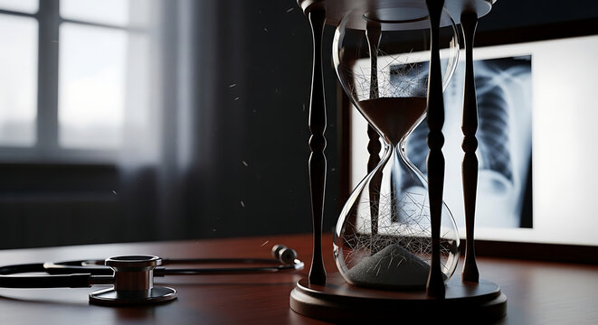 Conceptual hourglass filled with hazardous asbestos fibers on a doctors desk beside a lung Xray and stethoscope symbolizing asbestos cancer life expectancy and danger